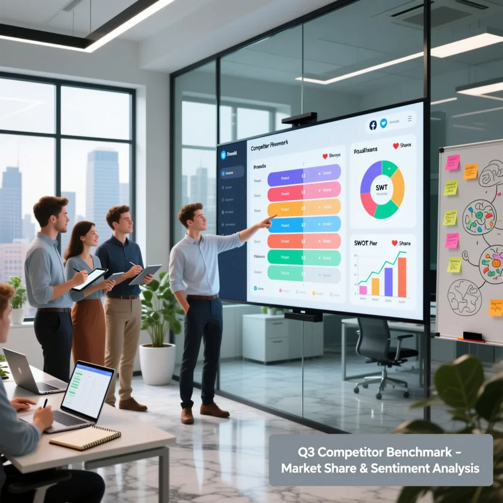 Equipe de negócios estratégicos analisando concorrentes no painel digital