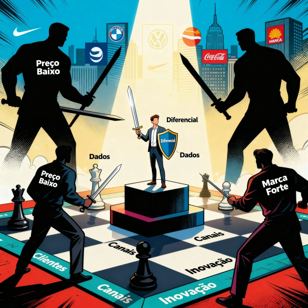 Proprietário de pequena empresa versus concorrentes em um campo de batalha de mercado