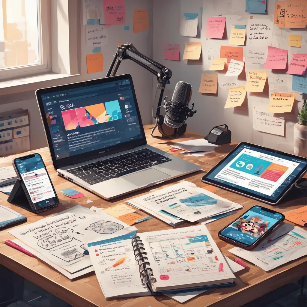 Mesa de trabalho criativa com diversos tipos de conteúdo nas redes sociais