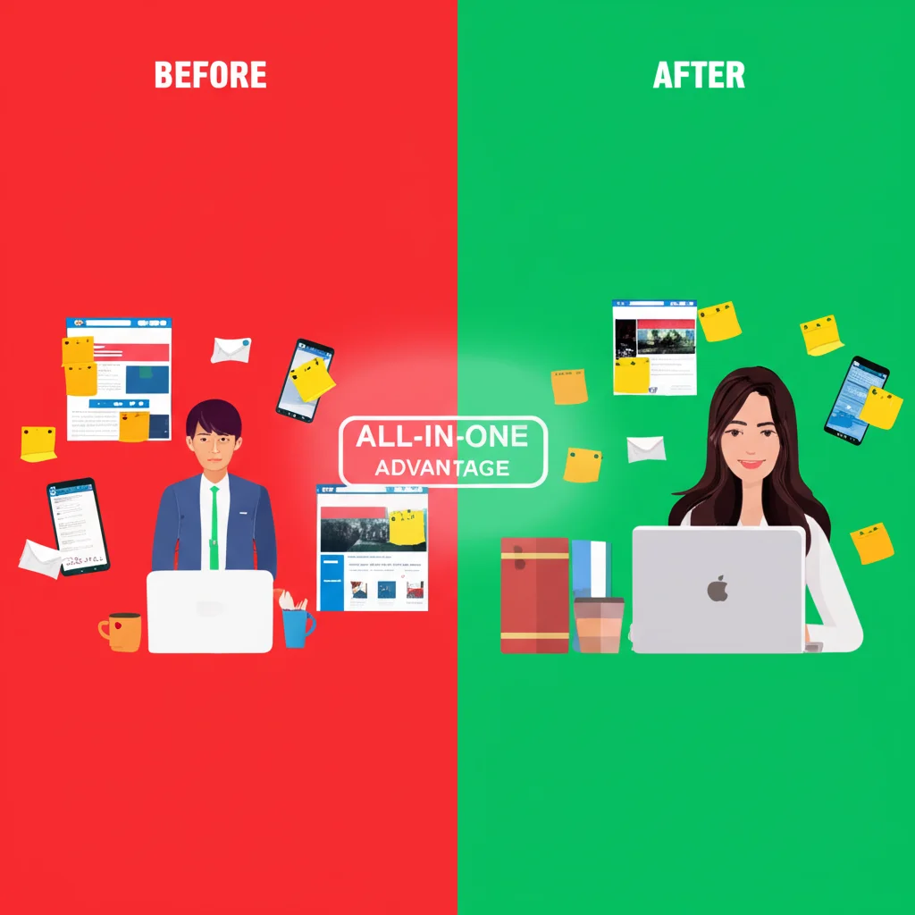 Comparação Visual de Ferramentas de Marketing: Antes vs Depois com Plataforma Tudo-em-Um